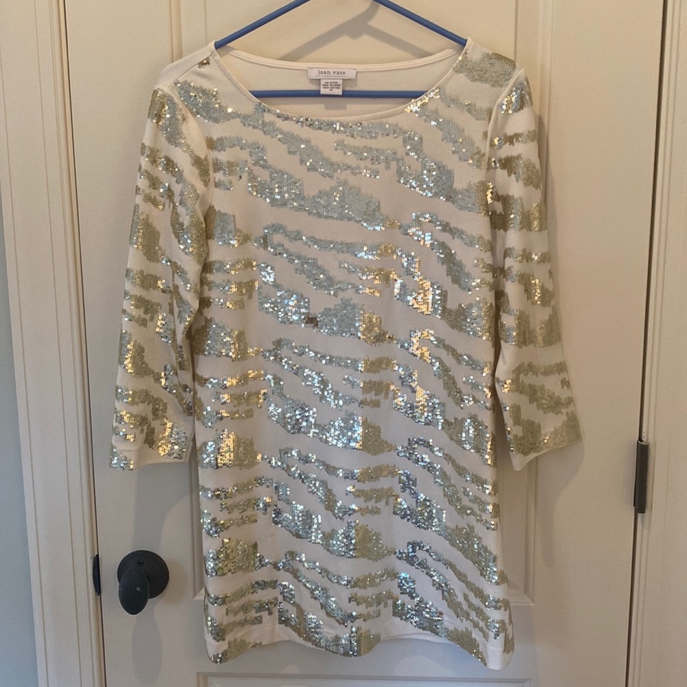 Joan Vass Womens size 0P White Sequin Tunic Dress 3/4 Sleeve Side Slits